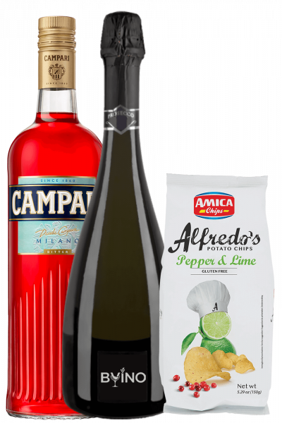 Bitter Campari 1Litro + Prosecco DOC 2022 Bernabei + Amica Chips Pepper & Lime Alfredo's 3 x 150gr