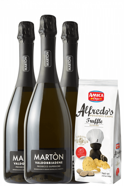 3 Prosecco Di Valdobbiadene Superiore DOCG Extra Dry Martòn + Amica Chips Tartufo Alfredo's 3 x 100gr