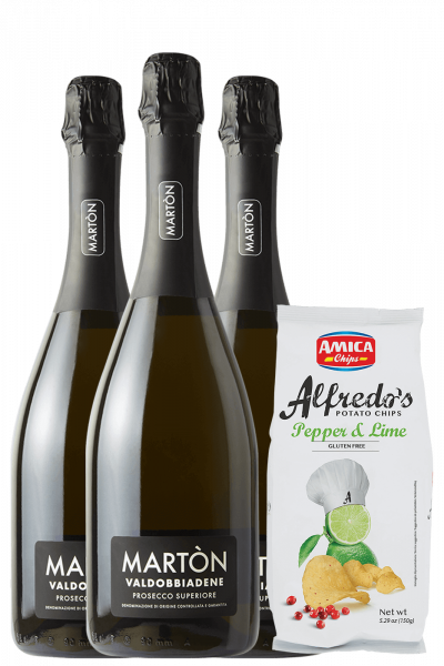 3 Prosecco Di Valdobbiadene Superiore DOCG Extra Dry Martòn + Amica Chips Pepper & Lime Alfredo's 3 x 150gr