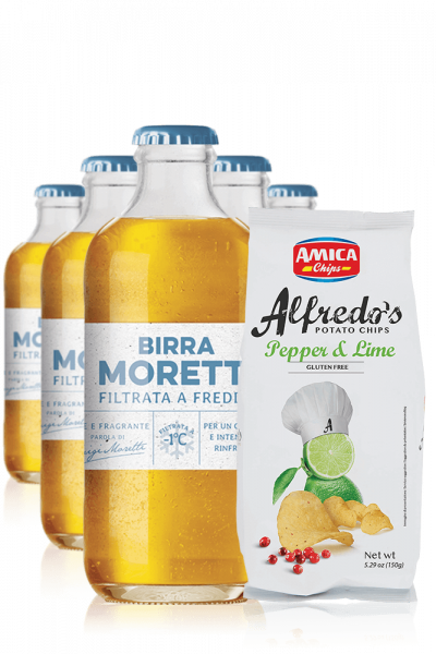 Birra Moretti Filtrata A Freddo da 24 x 30cl + Amica Chips Pepper & Lime Alfredo's 3 x 150gr